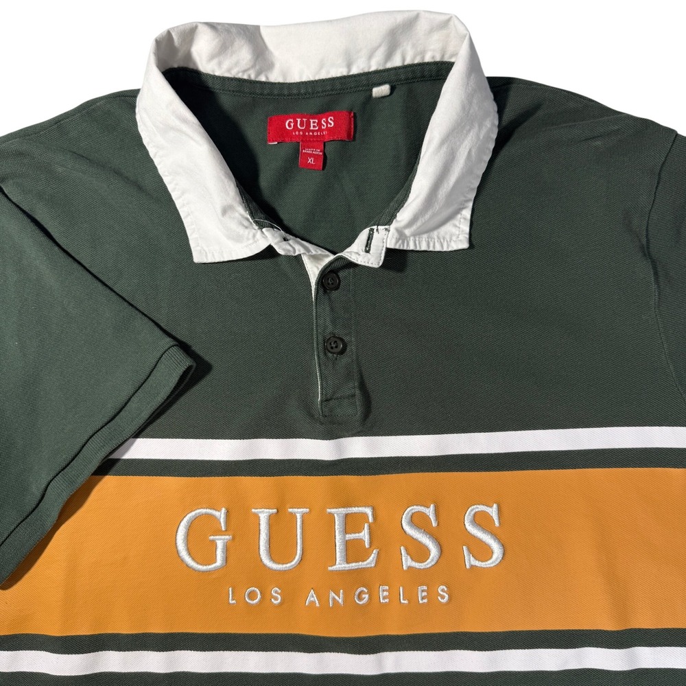 Guess Los Angeles Mens Rugby Polo Shirt XL‎ Green Yellow Colorblock Embroidered